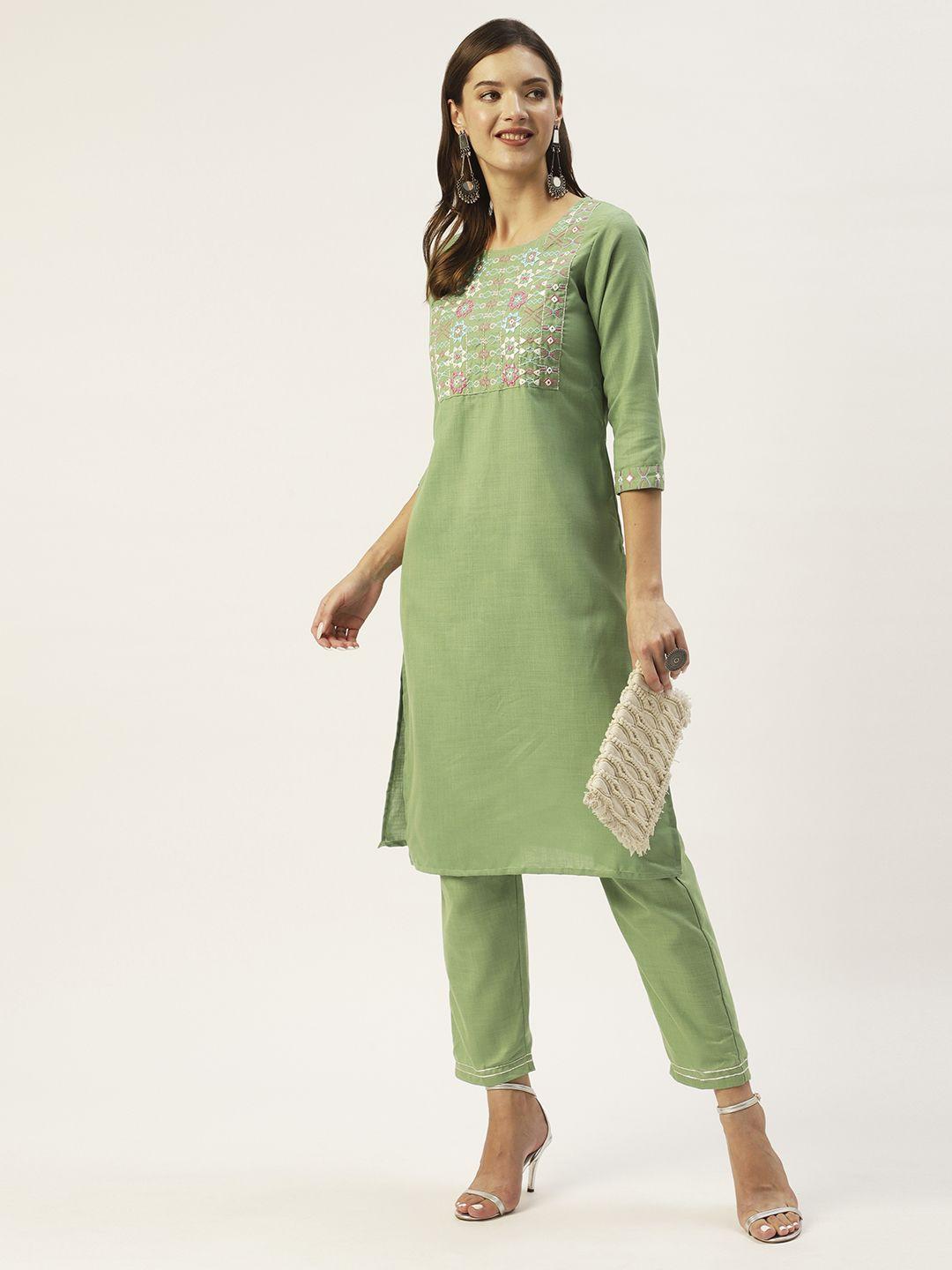 anubhutee women green ethnic motifs embroidered mirror work kurta with trousers