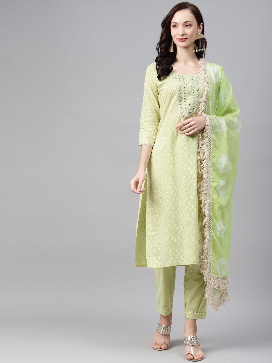 anubhutee women green ethnic motifs printed mirror work pure cotton kurta with trousers & with dupatta