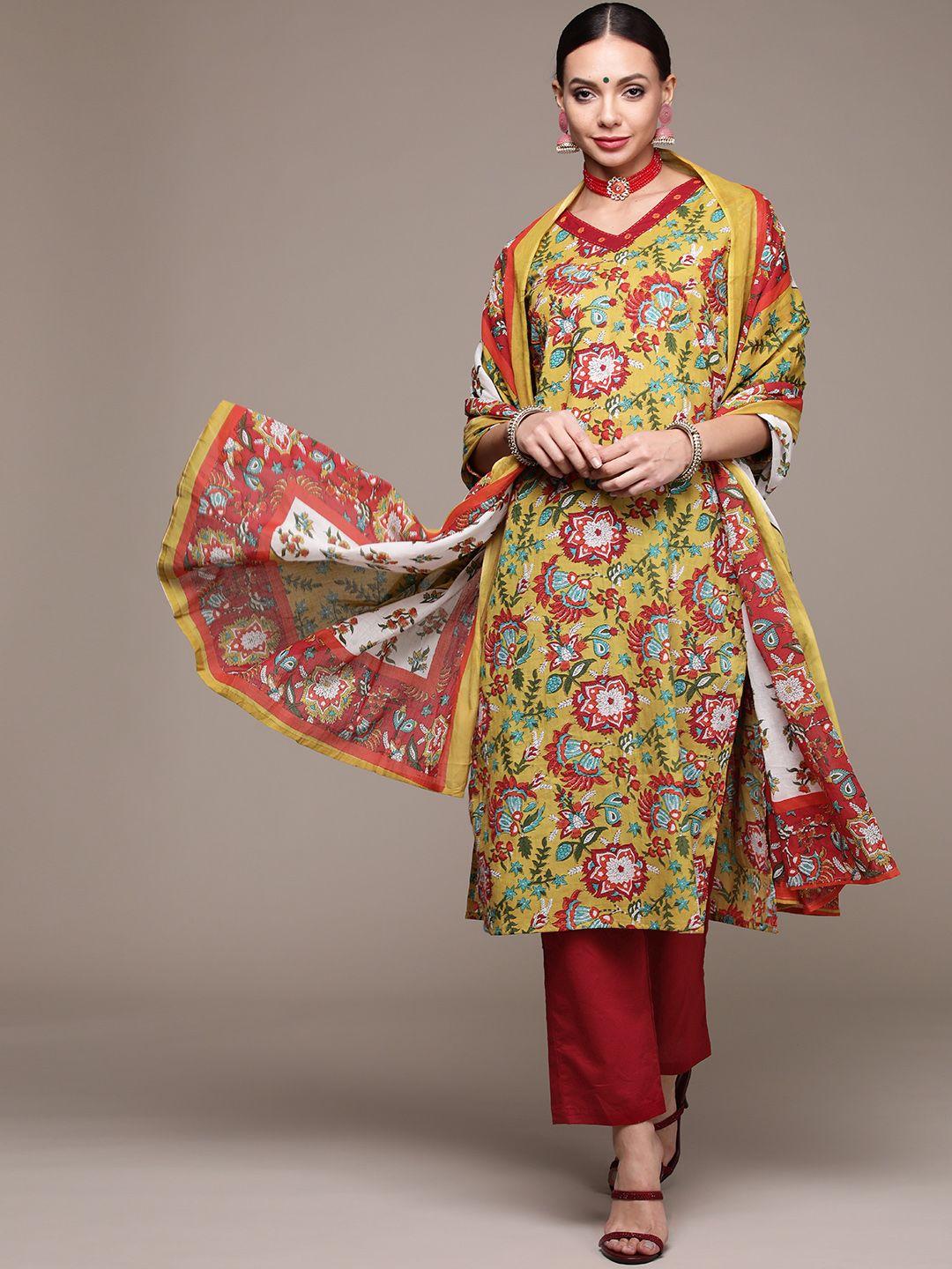 anubhutee women green floral printed pure cotton kurta with trousers & with dupatta