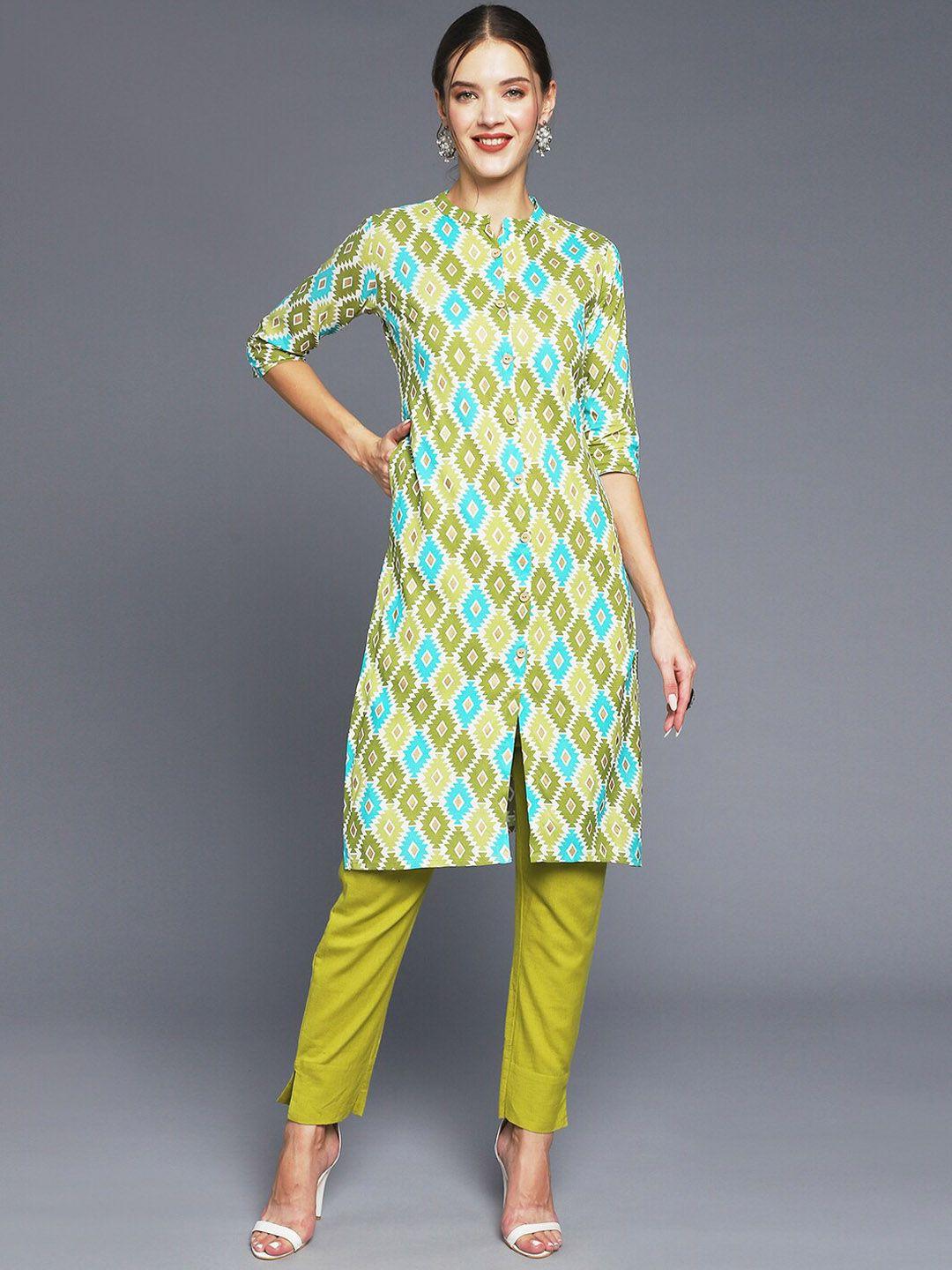 anubhutee women green geometric printed kurta