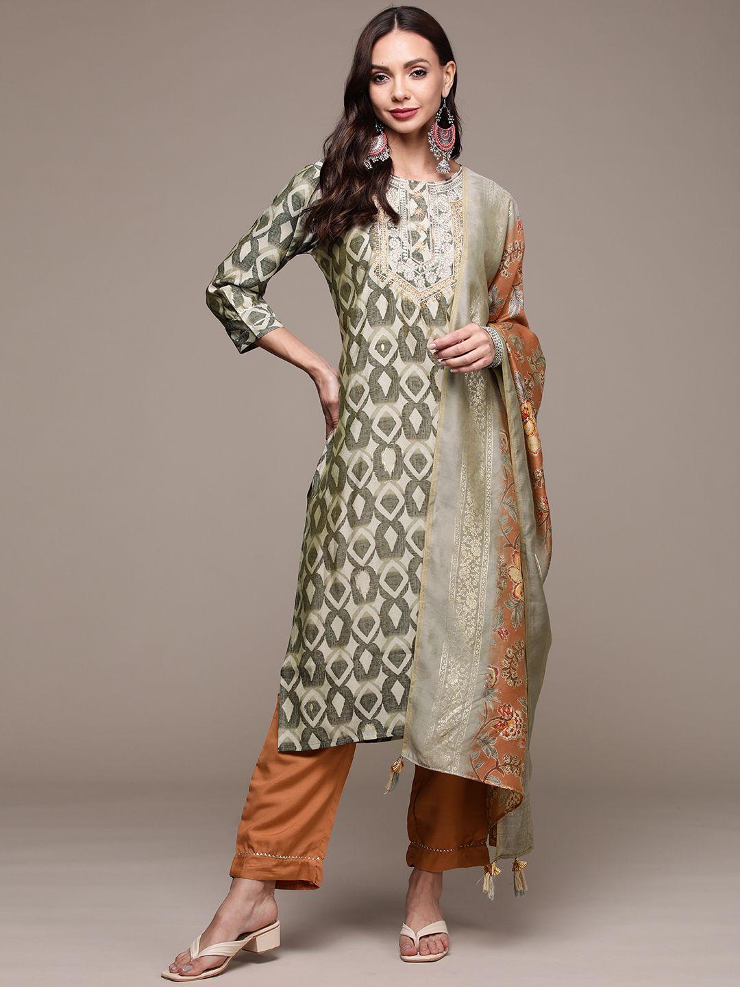 anubhutee women green printed kurta with trousers & with dupatta