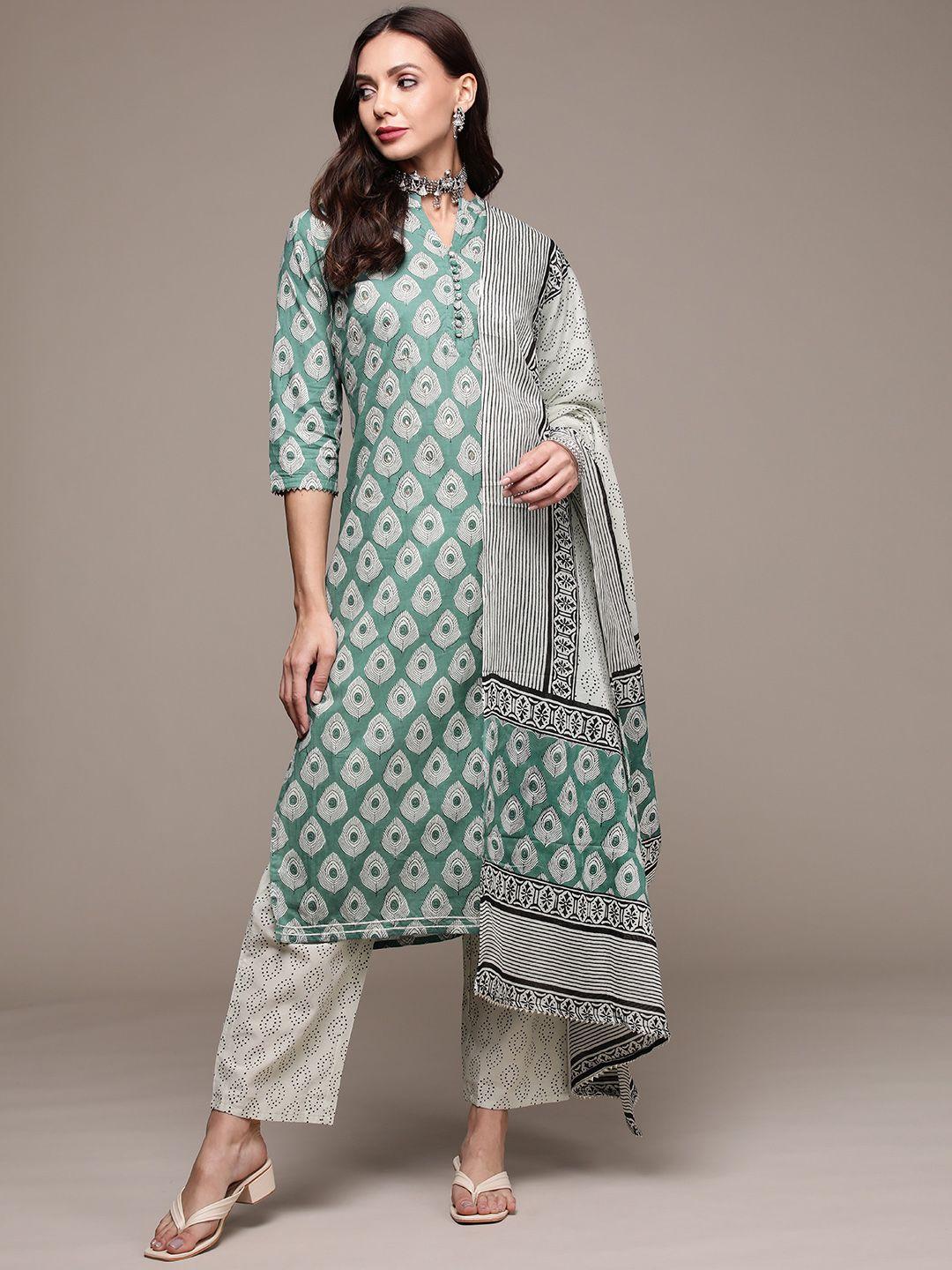 anubhutee women green printed pure cotton kurta with trousers & with dupatta