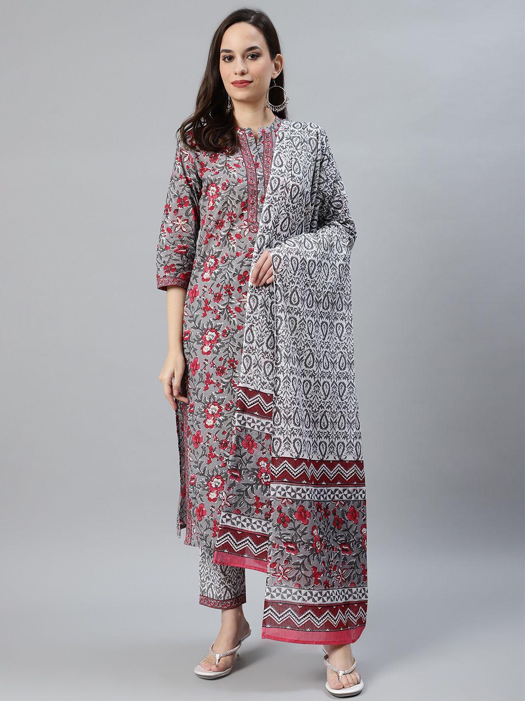 anubhutee women grey & pink pure cotton floral print kurta with trousers & dupatta