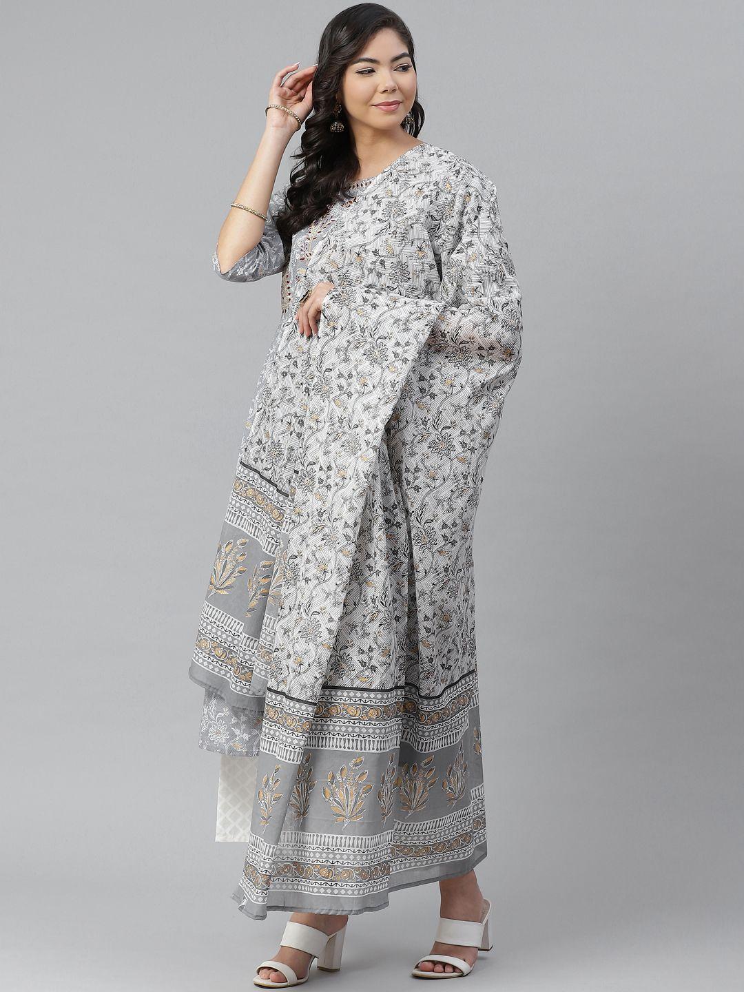 anubhutee women grey & red pure cotton floral printed a-line kurta with trousers & dupatta