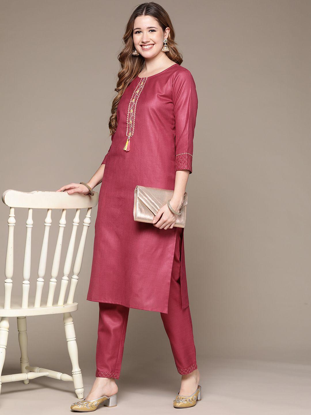 anubhutee women magenta floral embroidered gotta patti kurta with trousers