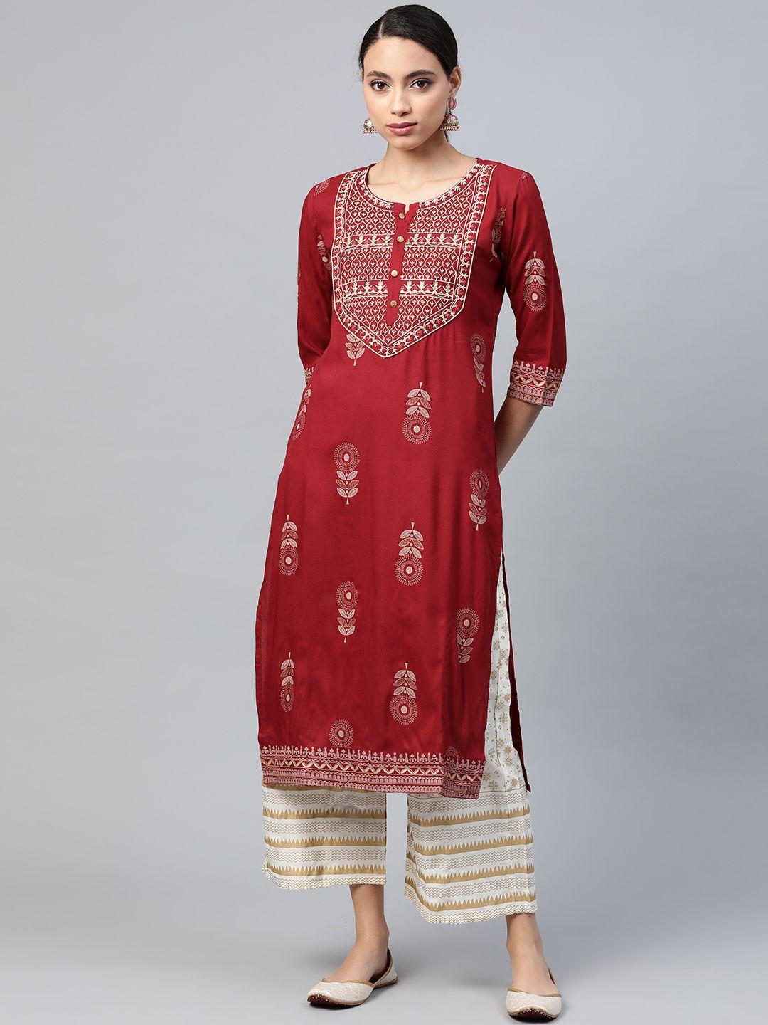 anubhutee women maroon & white ethnic motifs print kurta with palazzos