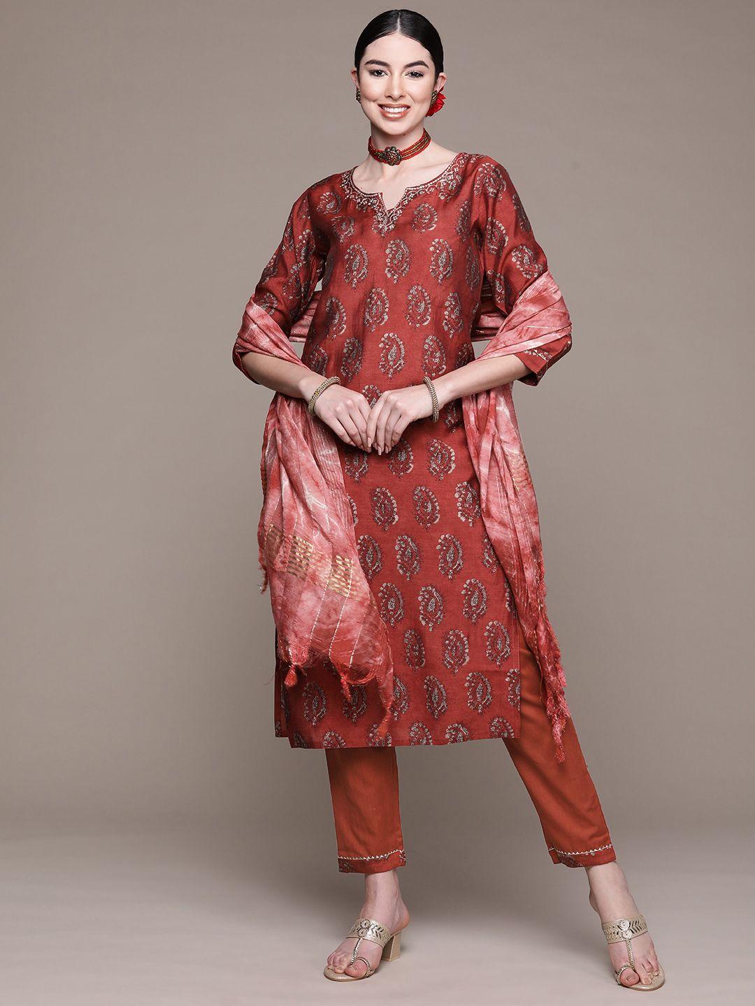 anubhutee women maroon ethnic motifs printed thread work pure cotton kurta with trousers & with dupatta