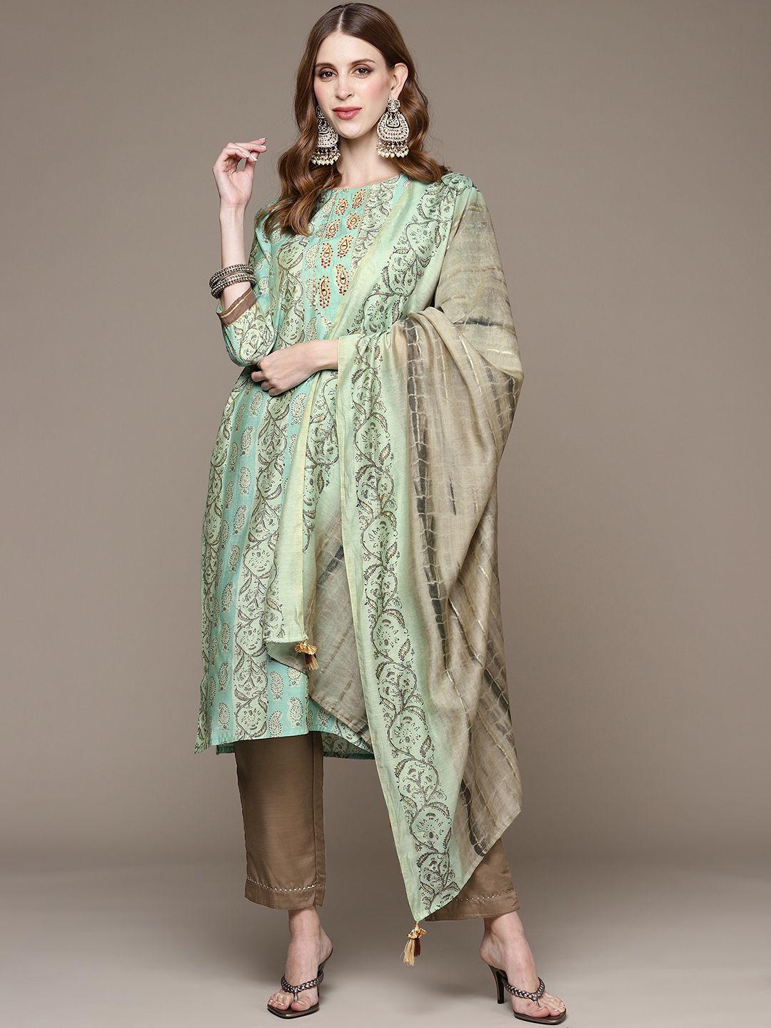anubhutee women mint green & grey paisley printed kurta with trousers & dupatta