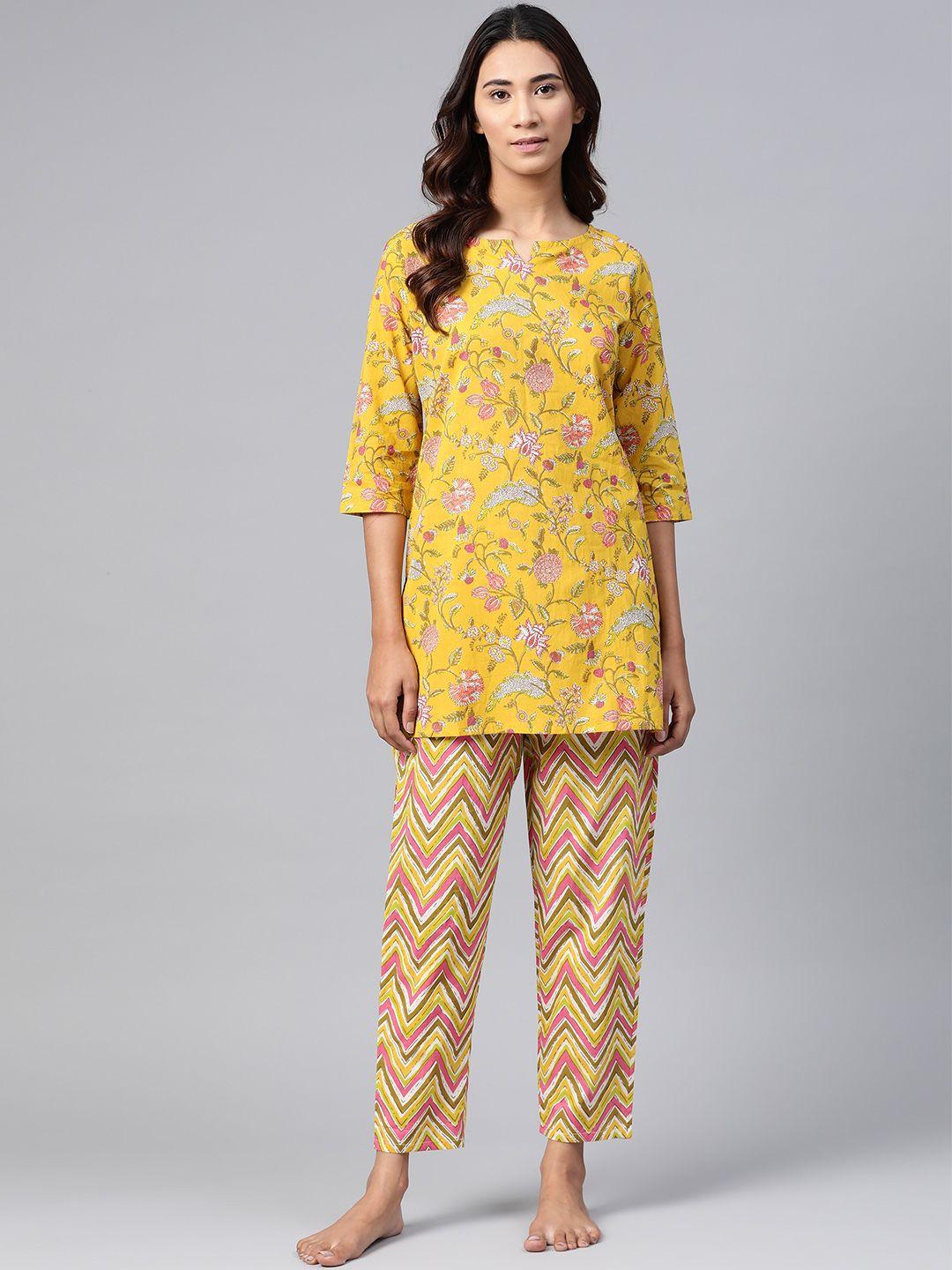 anubhutee women mustard yellow & pink pure cotton printed night suit