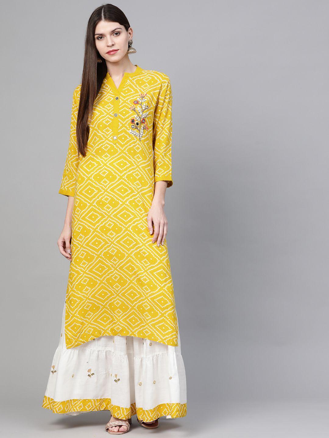 anubhutee women mustard yellow & white bandhani print kurta with skirt