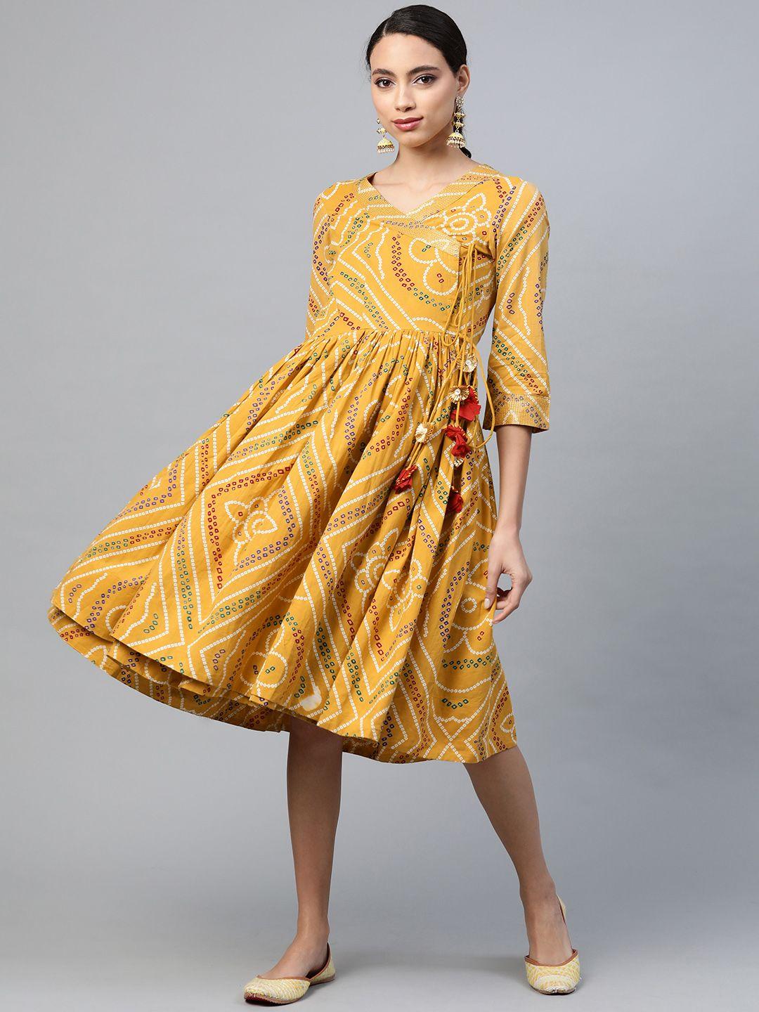anubhutee women mustard yellow & white bandhani printed pure cotton angrakha a-line dress