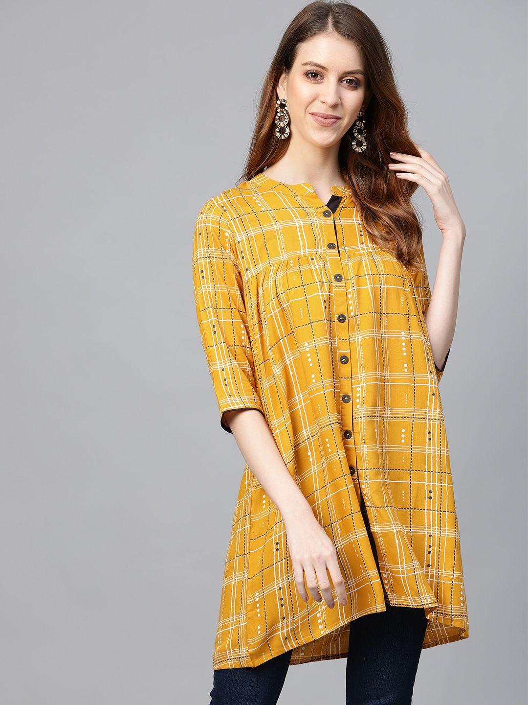 anubhutee women mustard yellow & white checked high-low a-line kurti