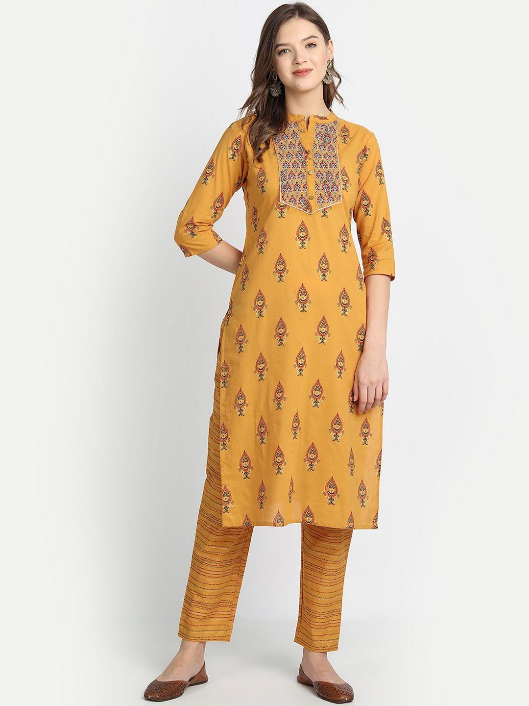anubhutee women mustard yellow ethnic motifs printed pure cotton kurta with trousers