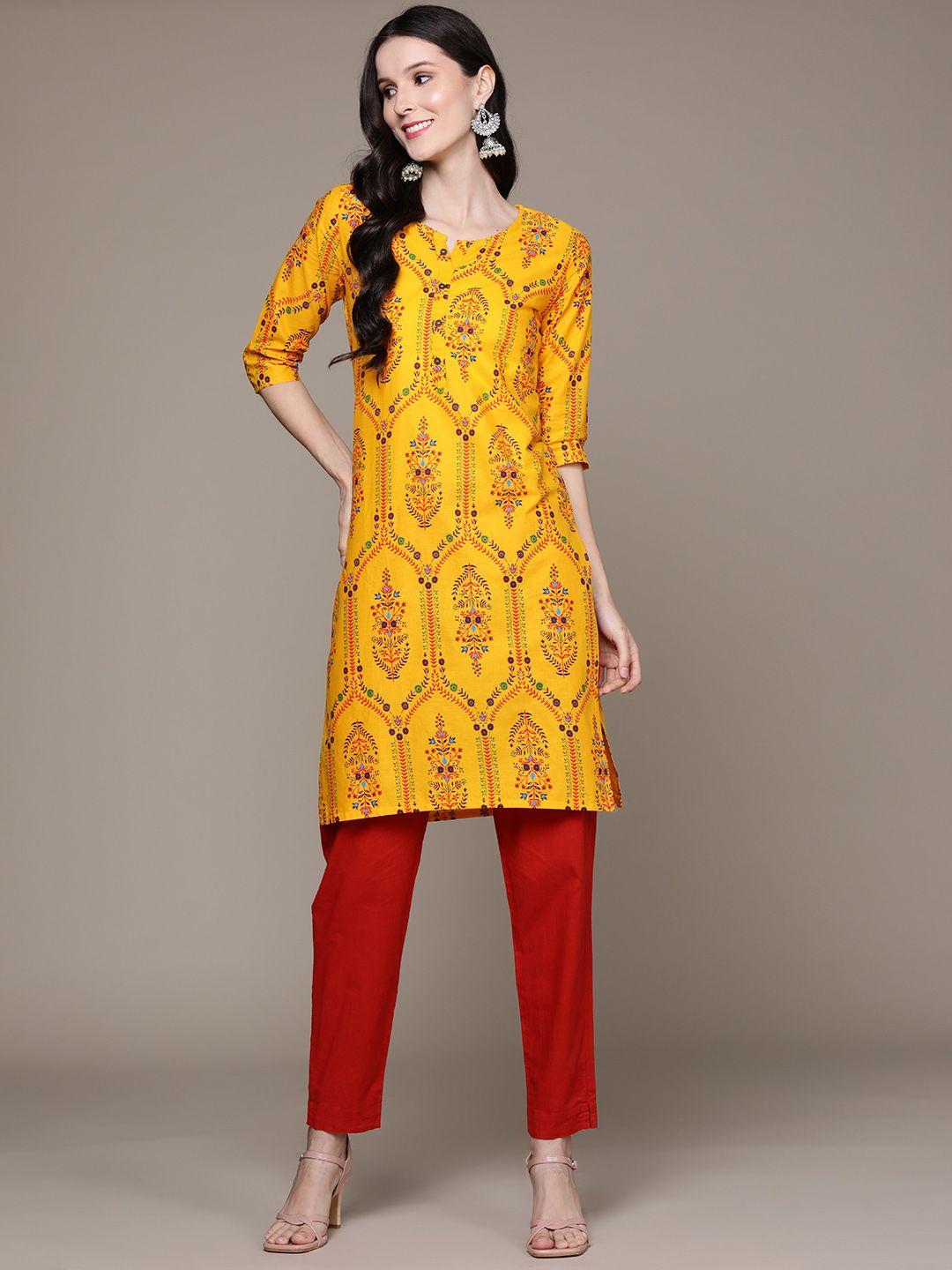 anubhutee women mustard yellow printed floral cotton kurta