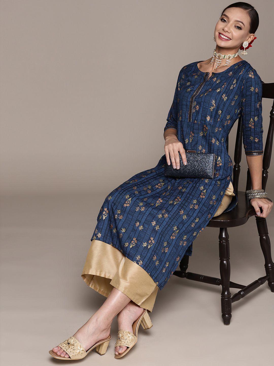 anubhutee women navy blue & golden ethnic motifs printed kurta