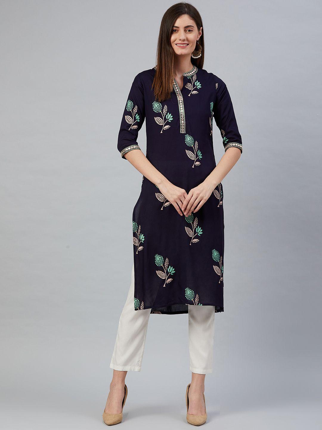 anubhutee women navy blue & green floral printed mirror work floral kurta