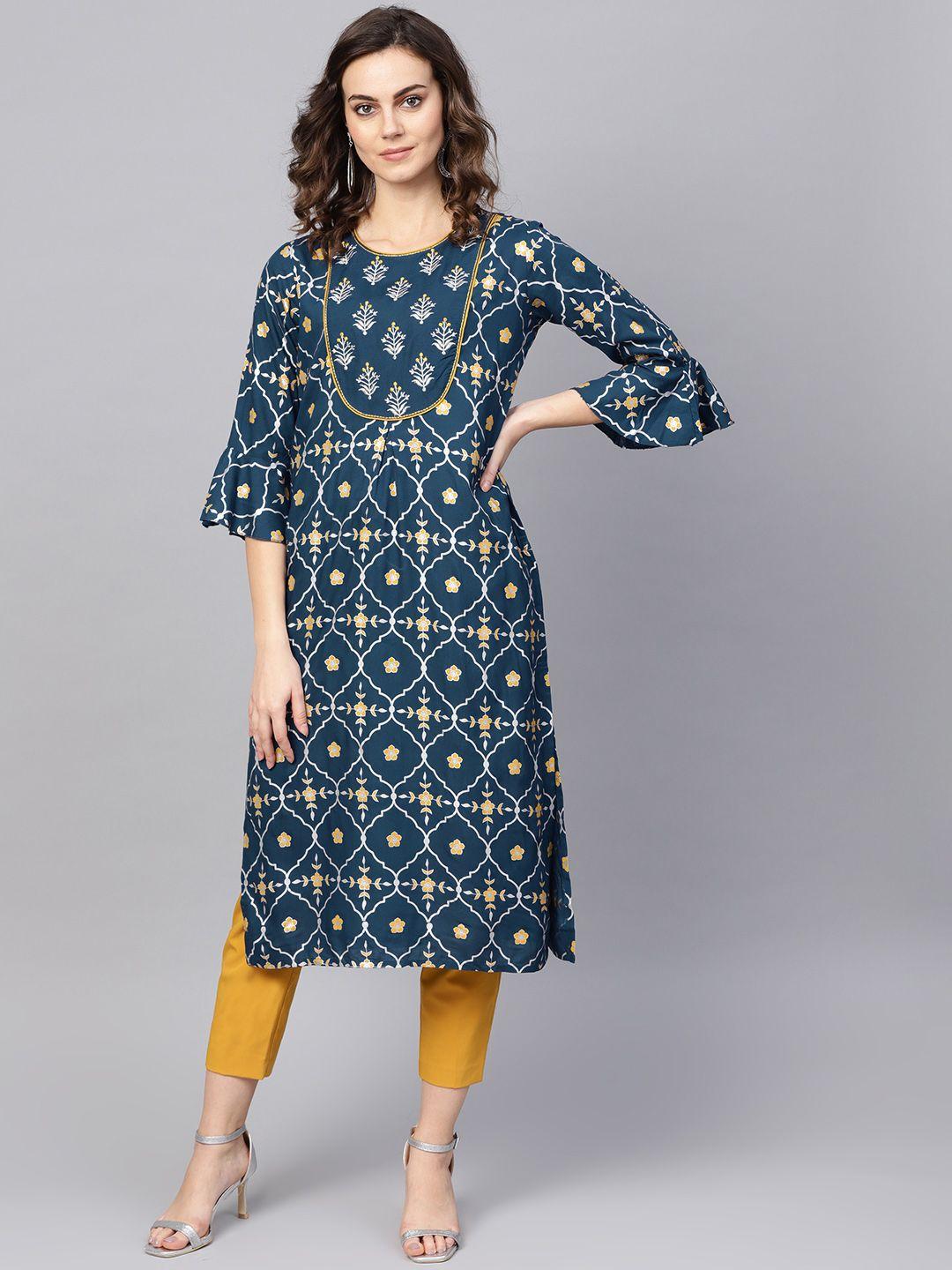 anubhutee women navy blue & grey printed straight kurta