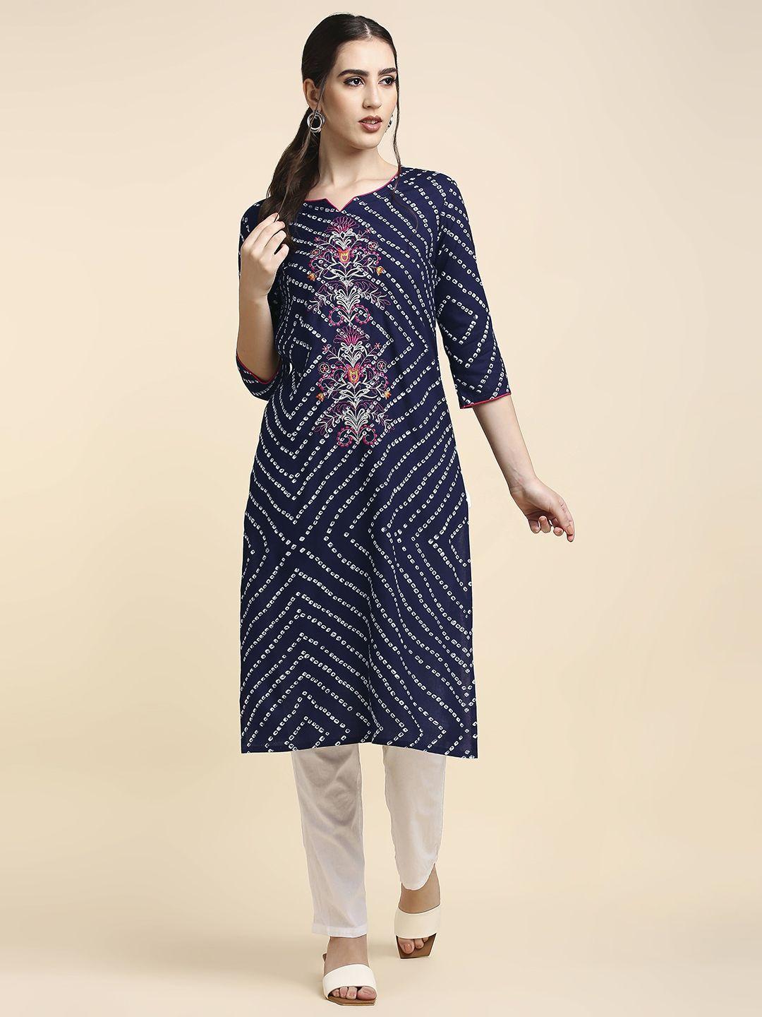 anubhutee women navy blue & white bandhej printed straight kurta