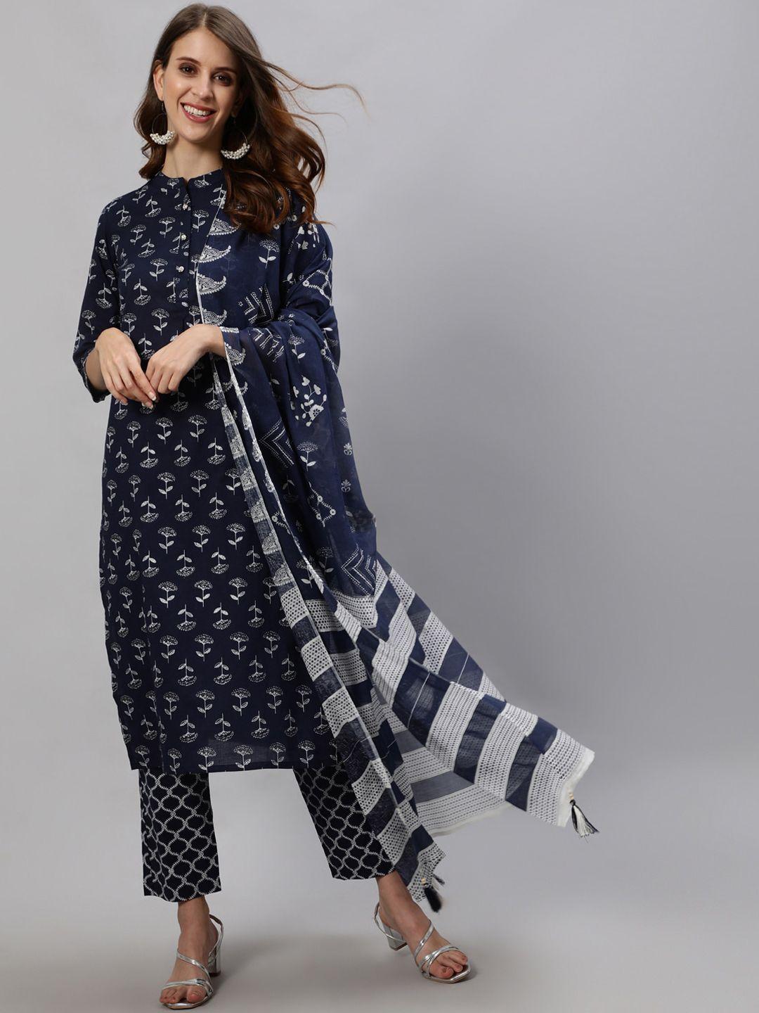 anubhutee women navy blue & white floral printed kurta with trousers & dupatta