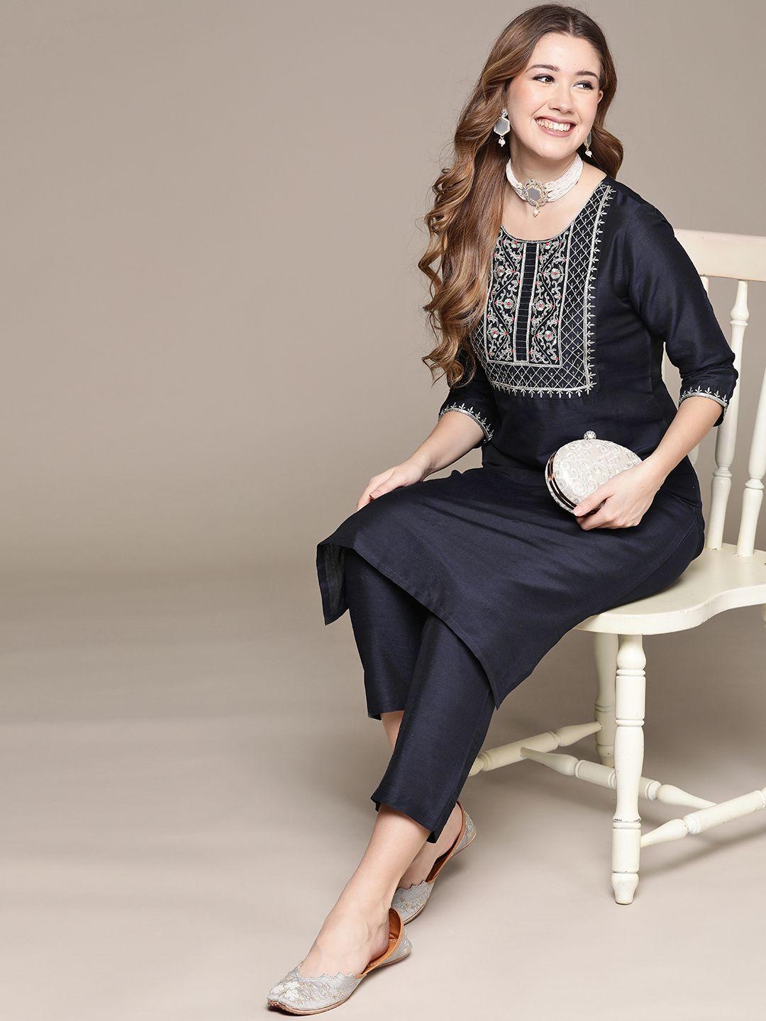 anubhutee women navy blue ethnic motifs embroidered yoke design zari kurta with trousers