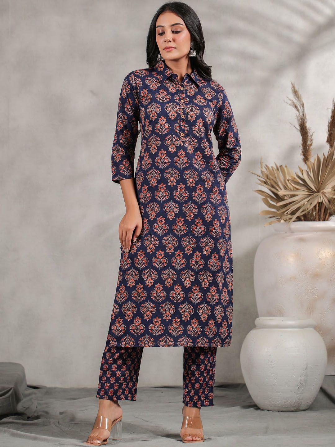 anubhutee women navy blue ethnic motifs printed regular pure cotton kurta with trousers