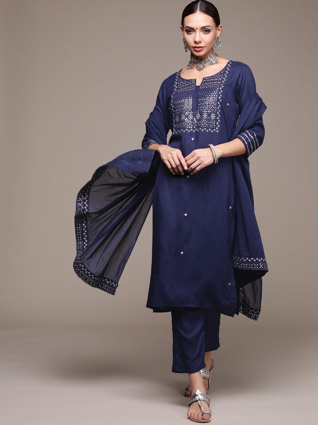 anubhutee women navy blue floral embroidered mirror work kurta with trousers & with dupatta