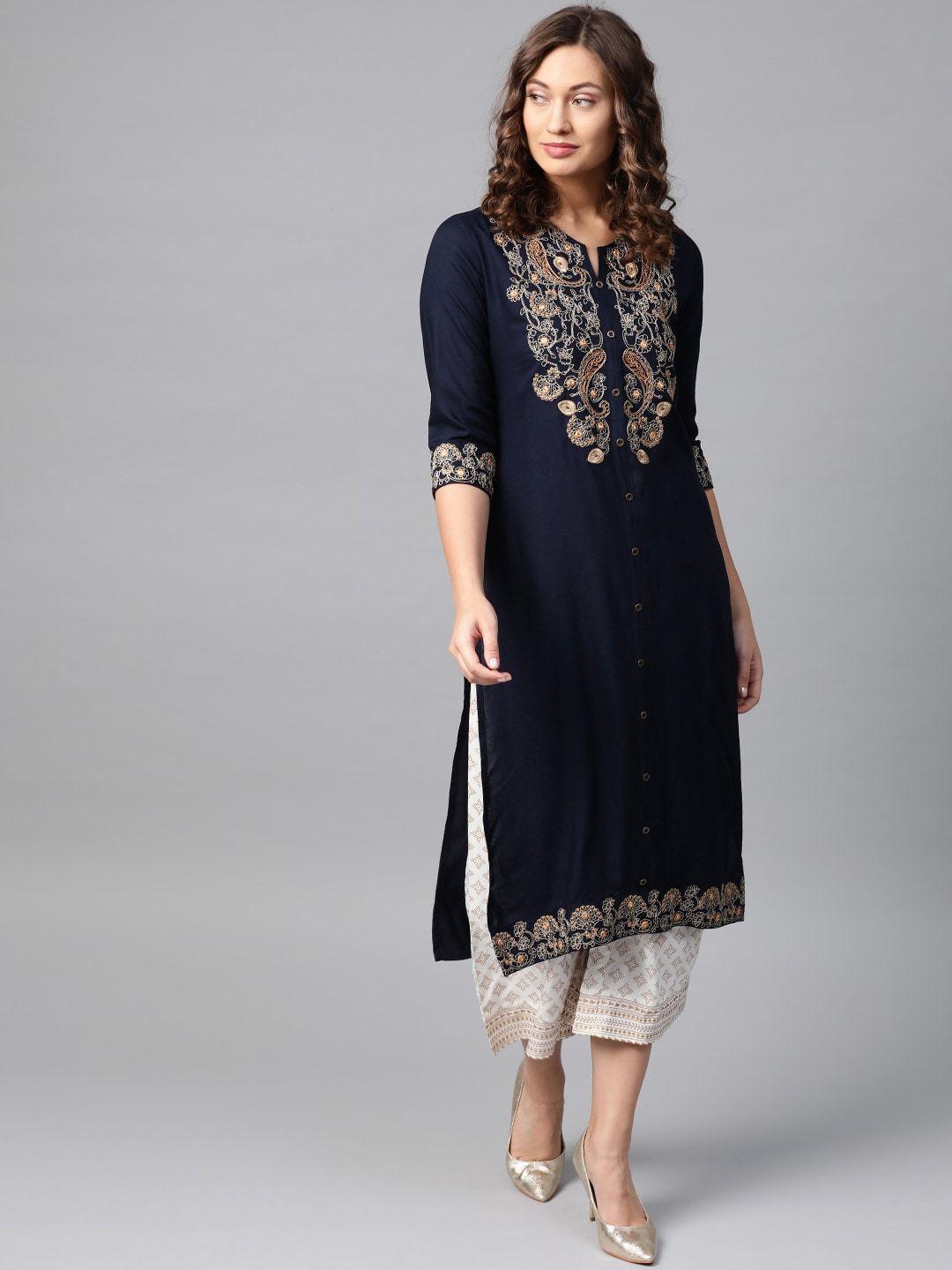 anubhutee women navy blue paisley floral embroidery kurta set