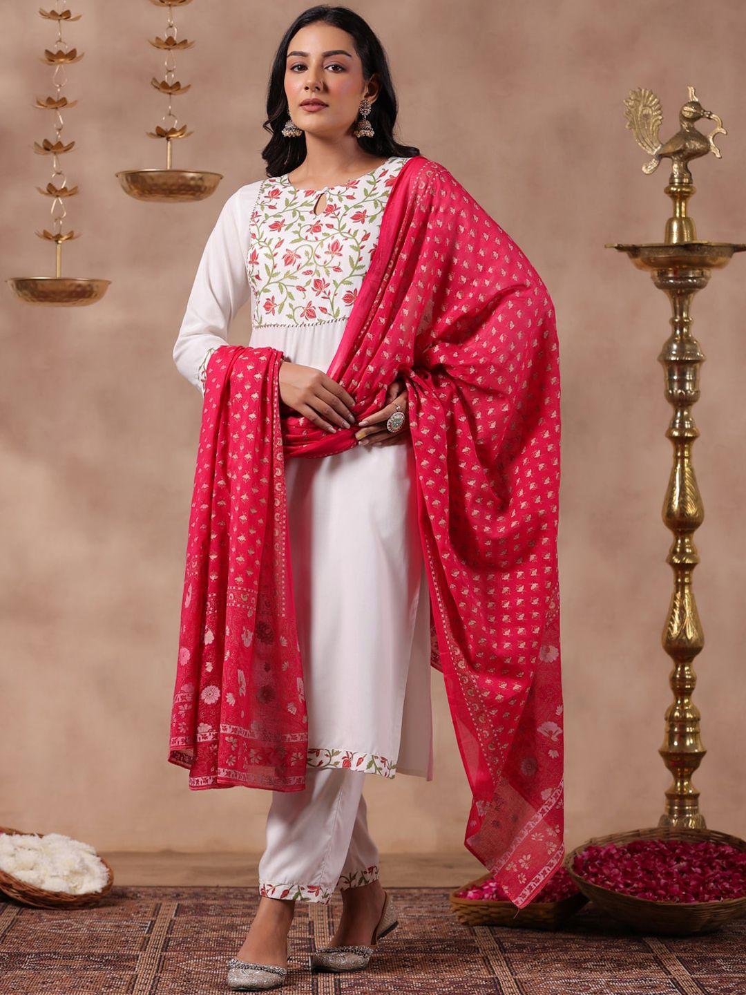 anubhutee women off white ethnic motifs printed regular gotta patti kurta with trousers & with dupatta