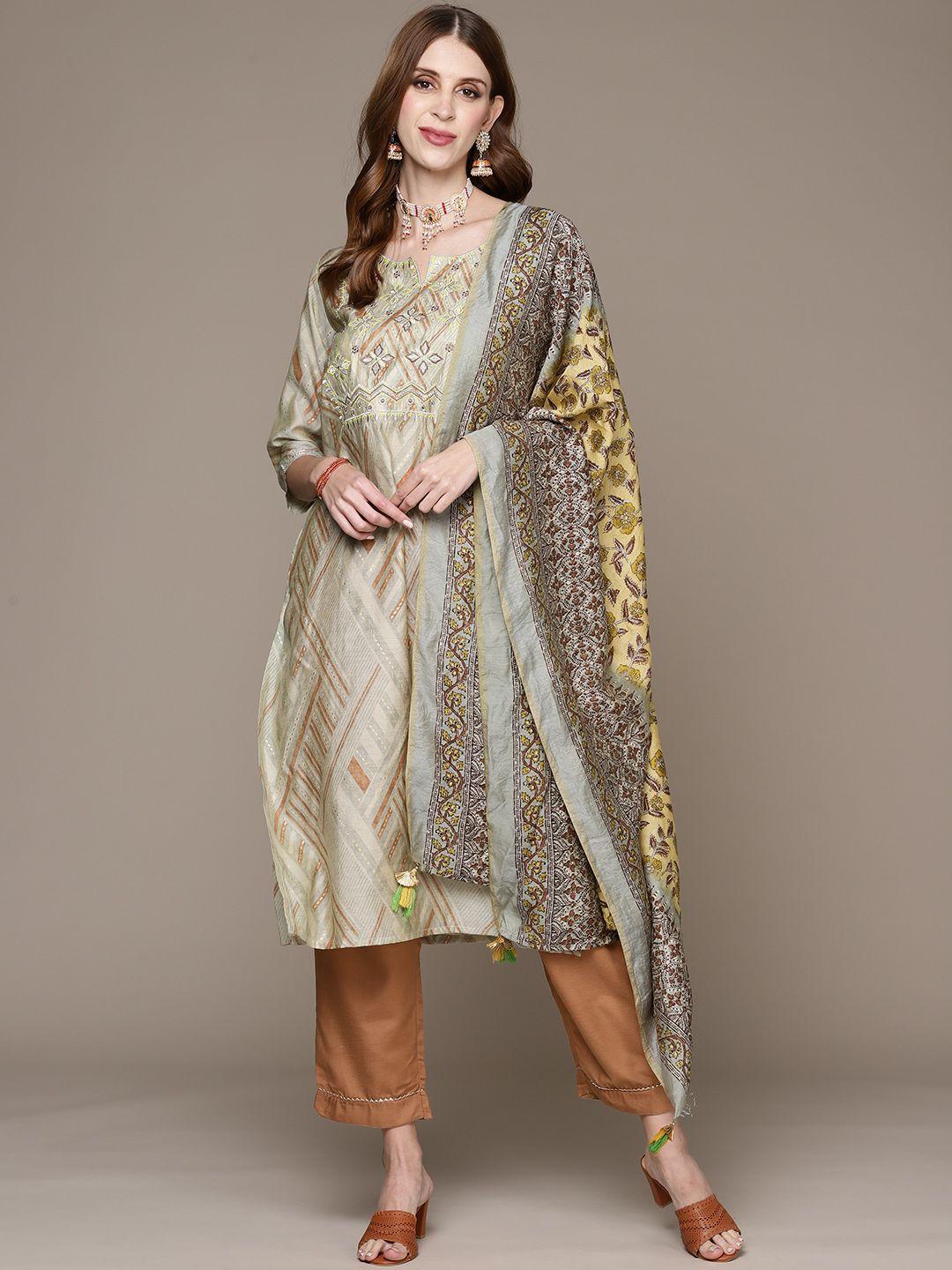 anubhutee women olive green floral printed kurta with trousers & dupatta