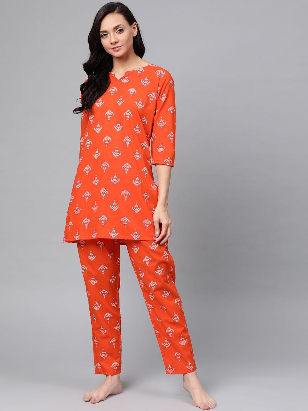 anubhutee women orange & white cotton printed night suit
