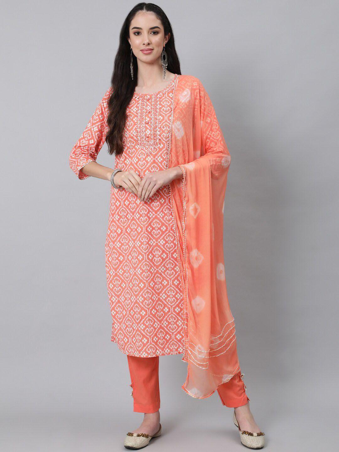 anubhutee women orange printed pure cotton kurta with trousers & with dupatta
