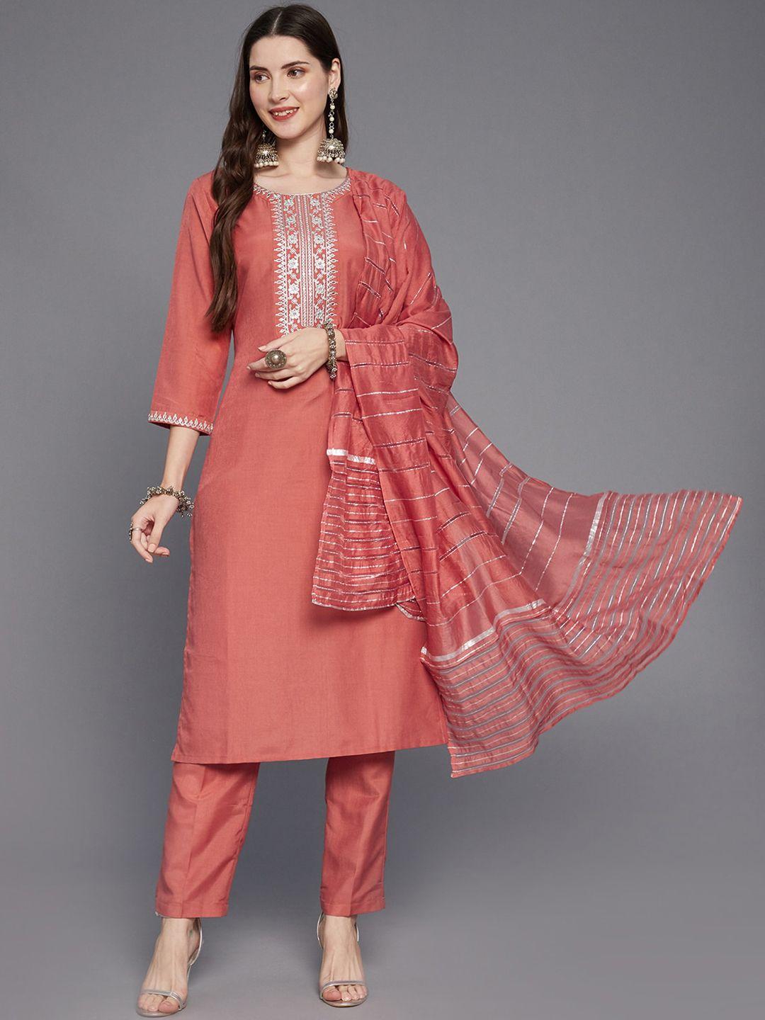 anubhutee women peach-coloured embroidered kurta with trousers & with dupatta