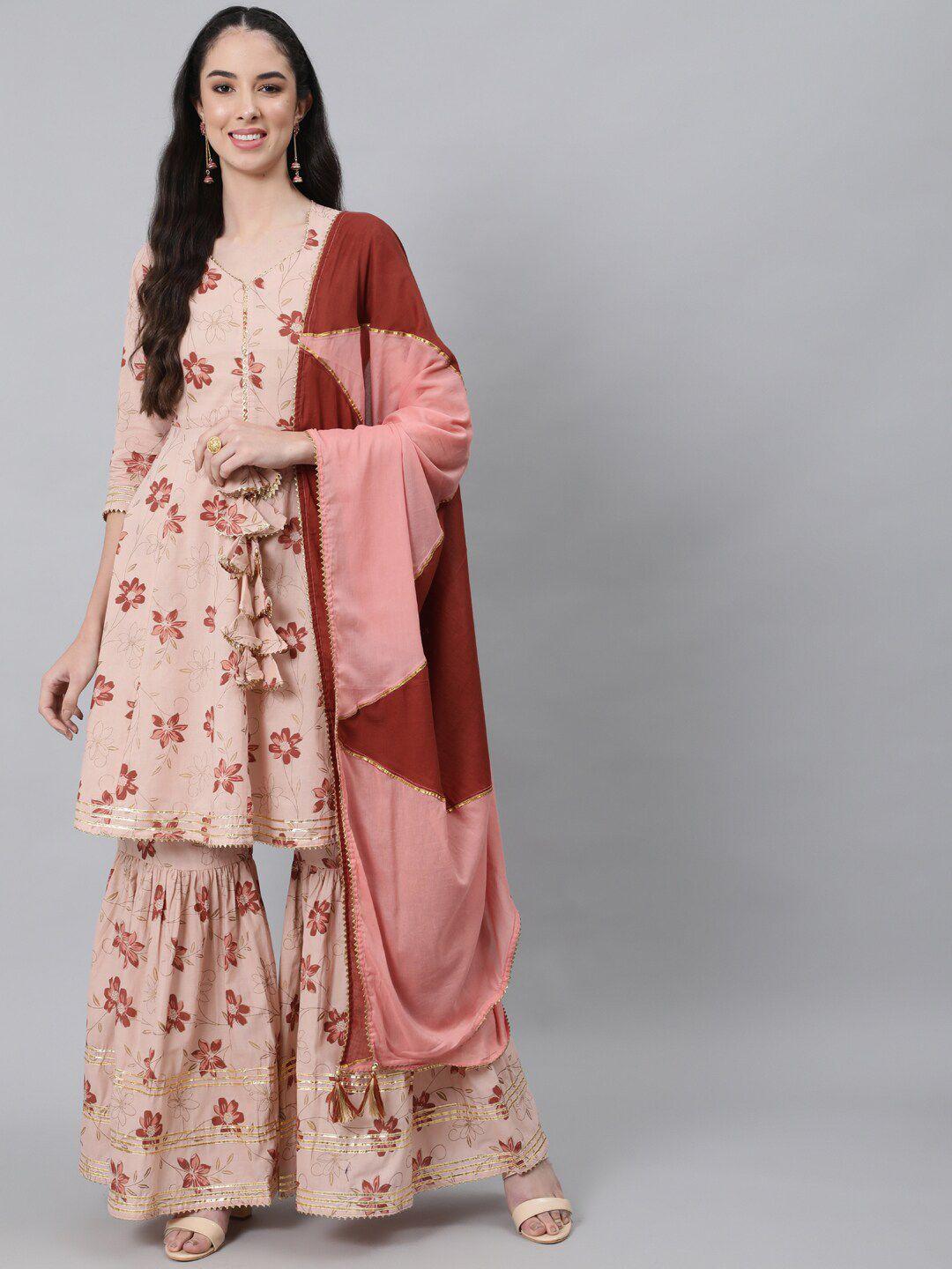 anubhutee women peach-coloured floral pure cotton kurta with sharara & with dupatta