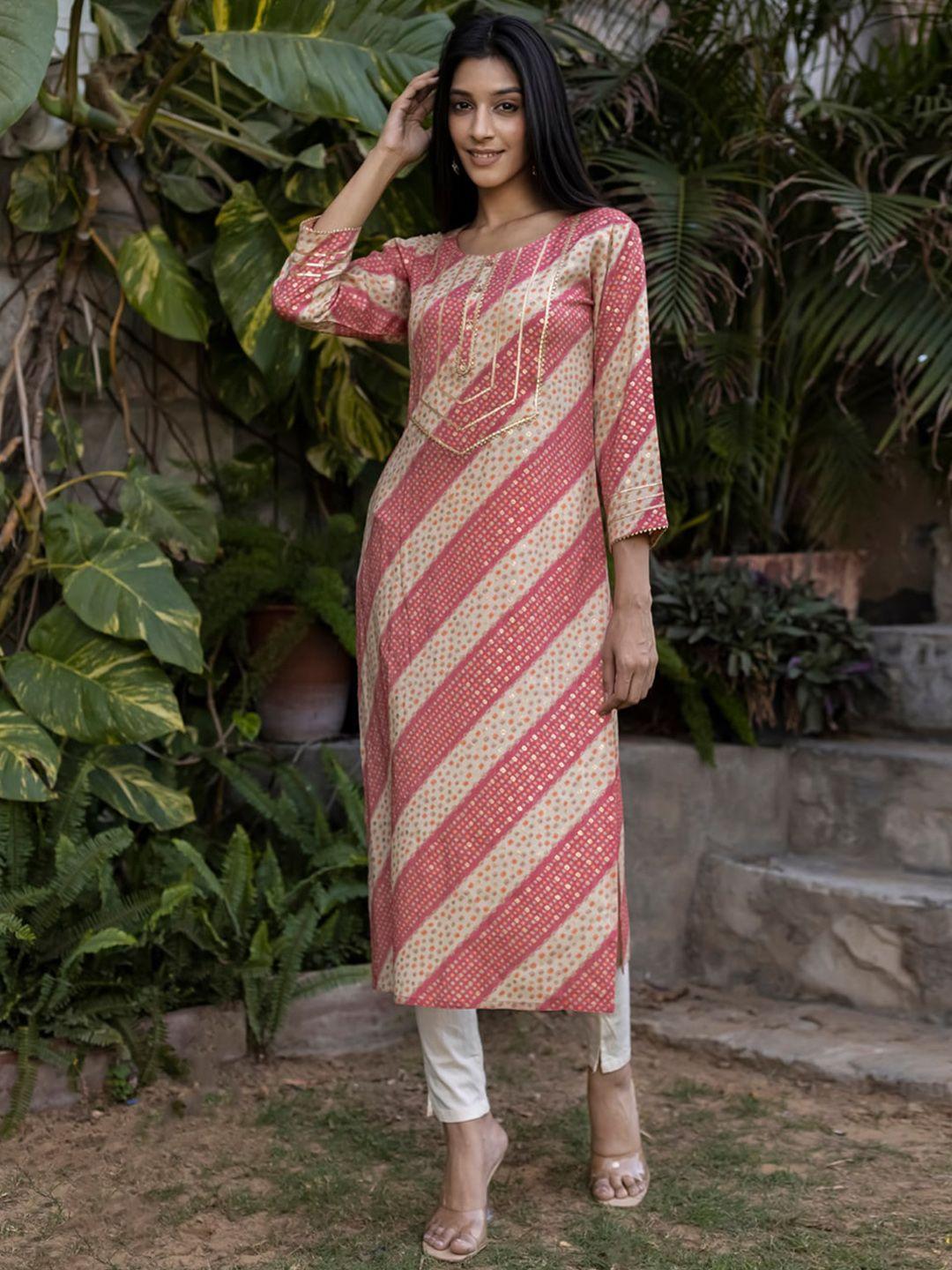 anubhutee women peach-coloured striped flared sleeves thread work anarkali kurta