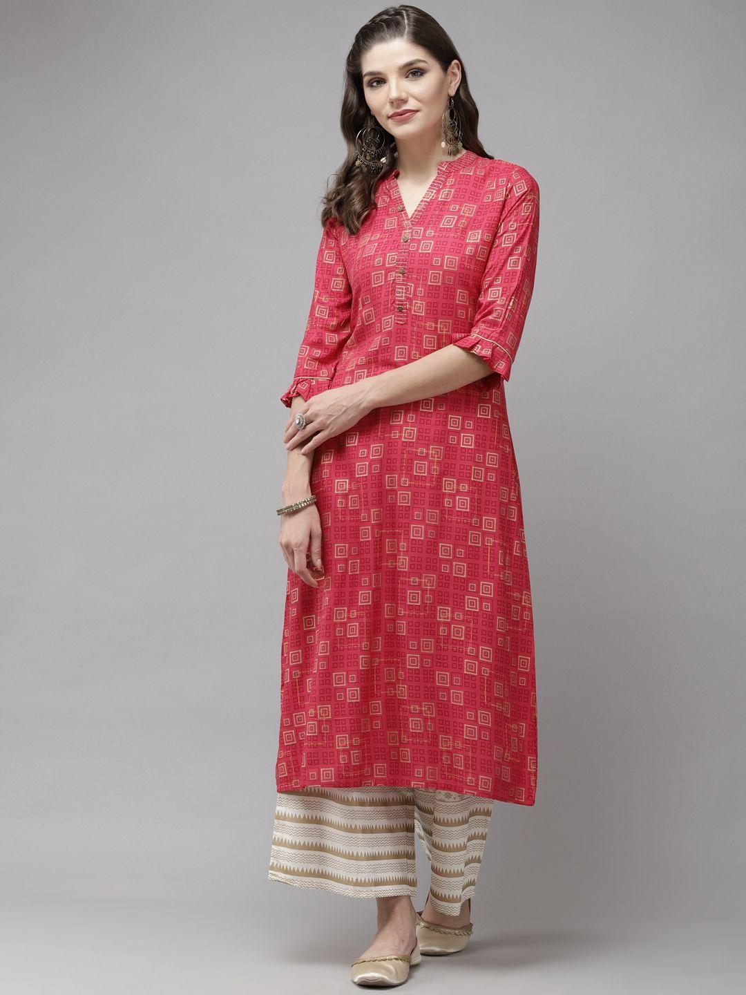 anubhutee women pink & off white printed kurta with palazzos