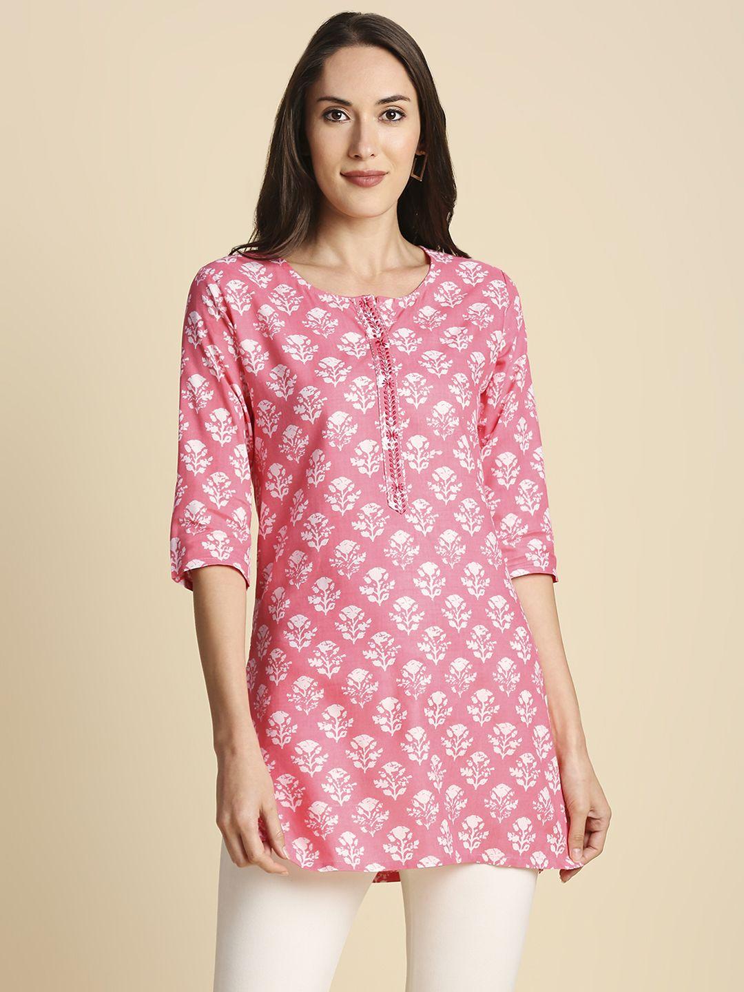 anubhutee women pink & white floral printed straight kurti