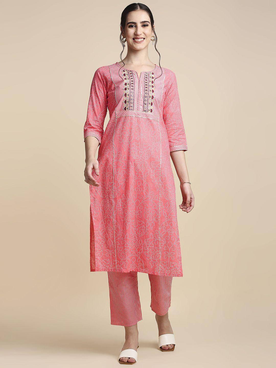 anubhutee women pink & white pure cotton bandhani print kurta with trousers