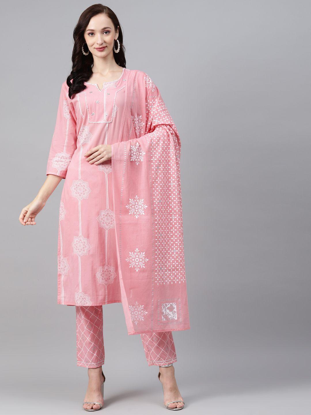 anubhutee women pink ethnic motifs printed sequinned pure cotton kurta with trousers & with dupatta