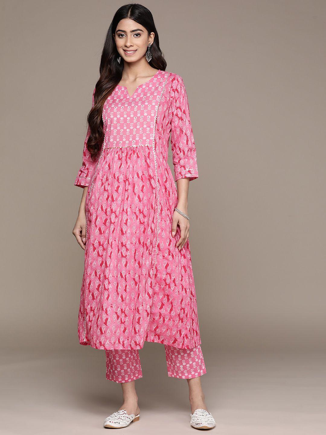 anubhutee women pink floral printed gotta patti pure cotton kurta with trousers
