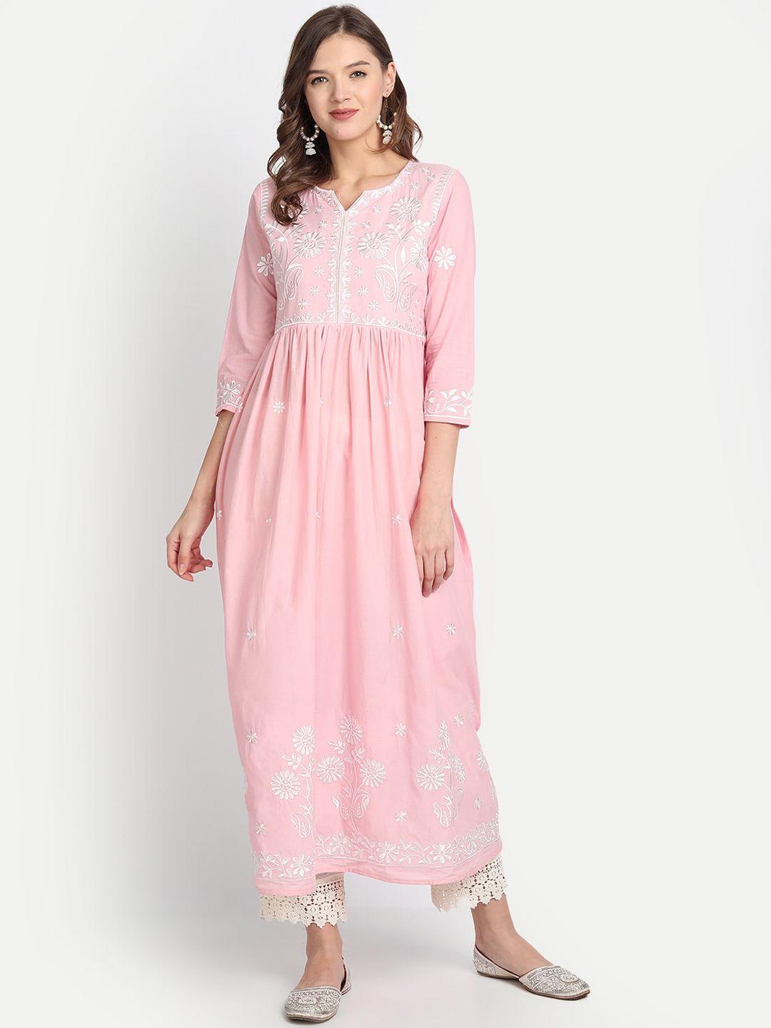 anubhutee women pink floral yoke design pleated pure cotton kurta with trousers