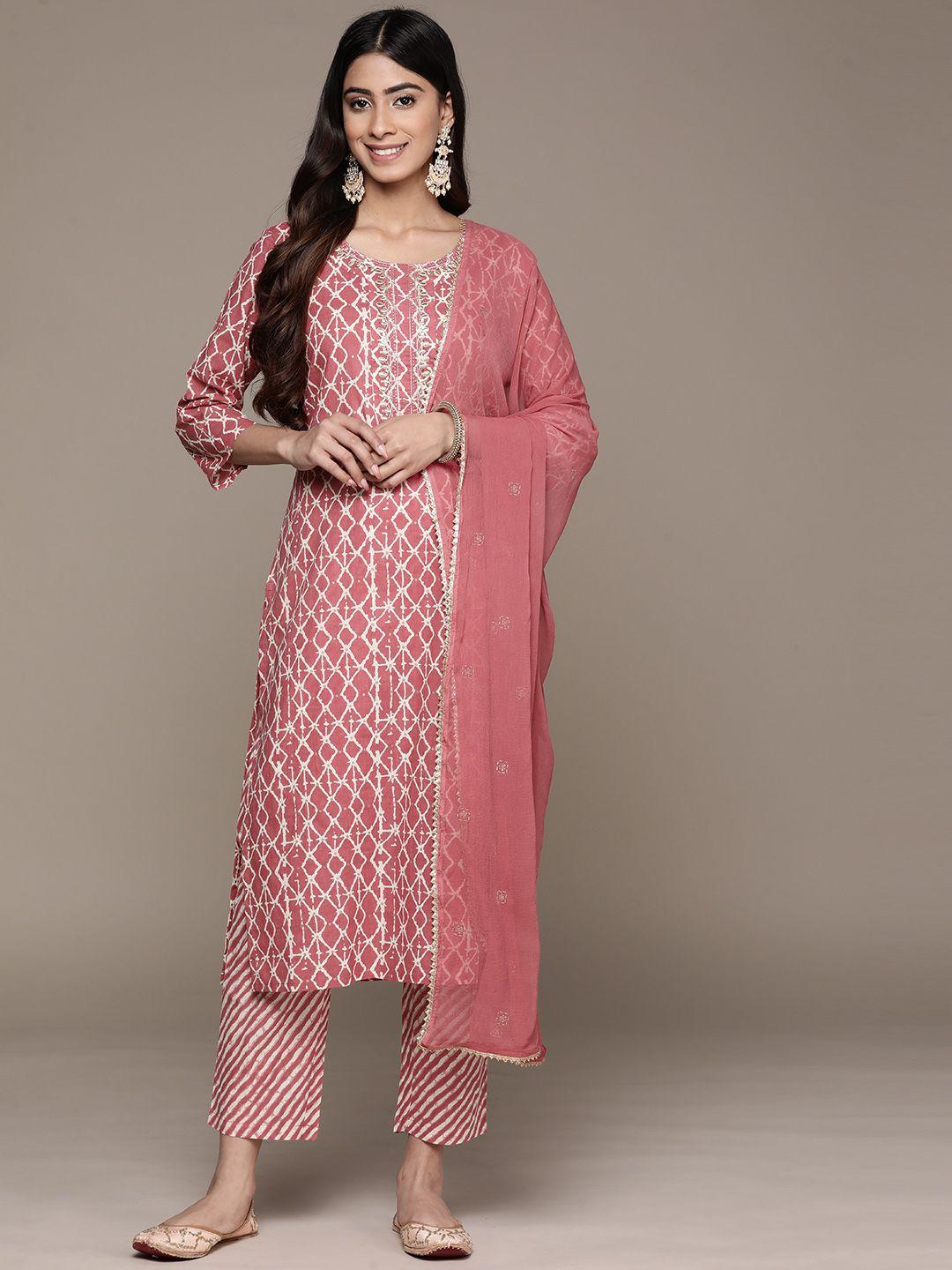 anubhutee women pink printed pure cotton kurta with trousers & with dupatta