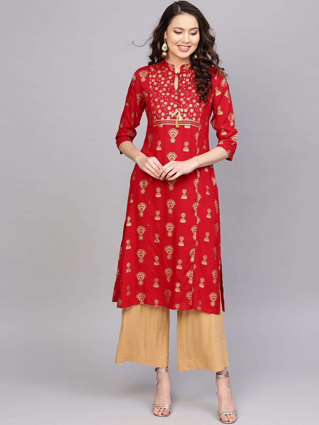 anubhutee women red & golden foil print straight kurta