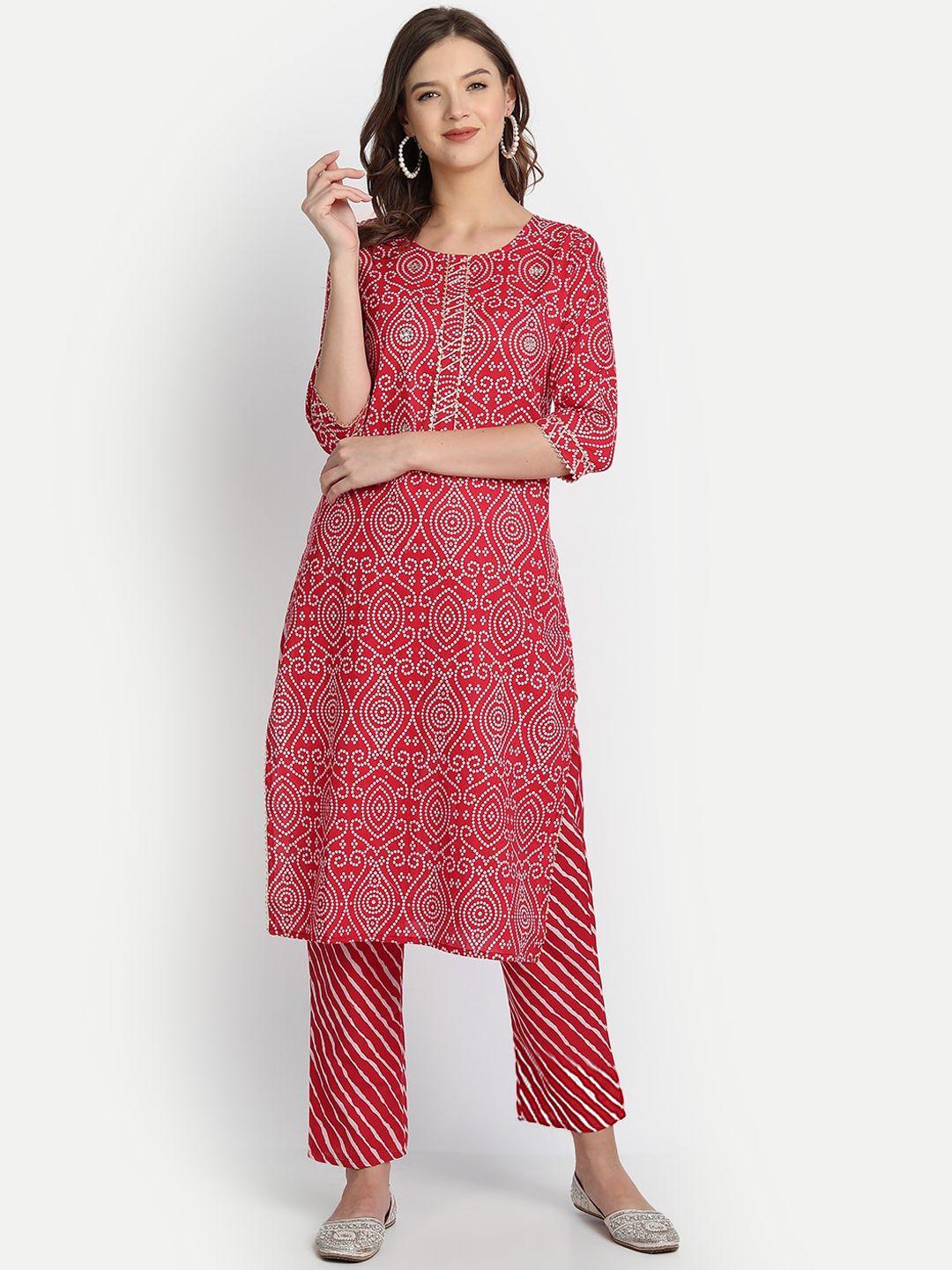 anubhutee women red bandhani printed pure cotton kurta with trousers