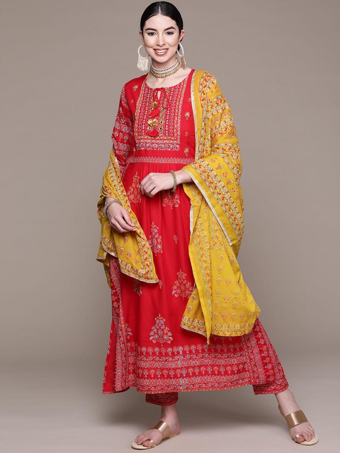 anubhutee women red ethnic motifs printed thread work kurta with palazzos & with dupatta