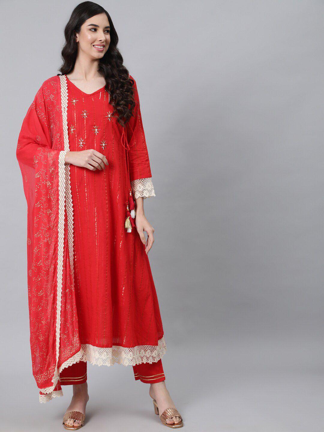 anubhutee women red ethnic motifs yoke design layered beads and stones pure cotton kurta with trousers &