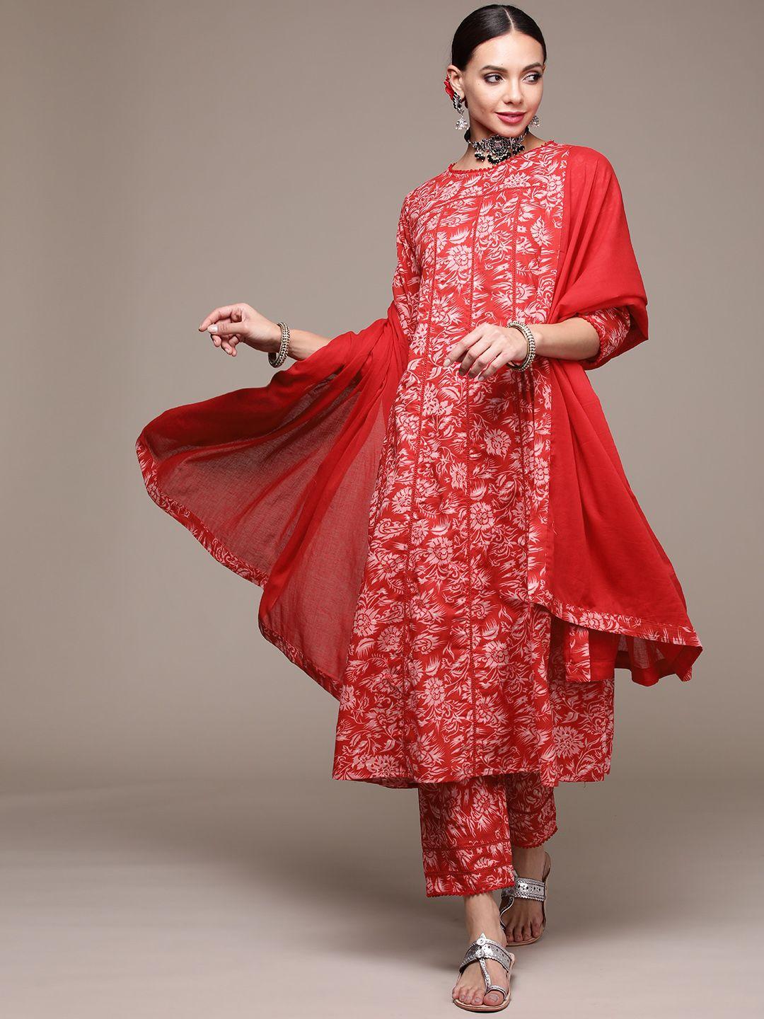anubhutee women red floral printed pure cotton kurta with trousers & with dupatta
