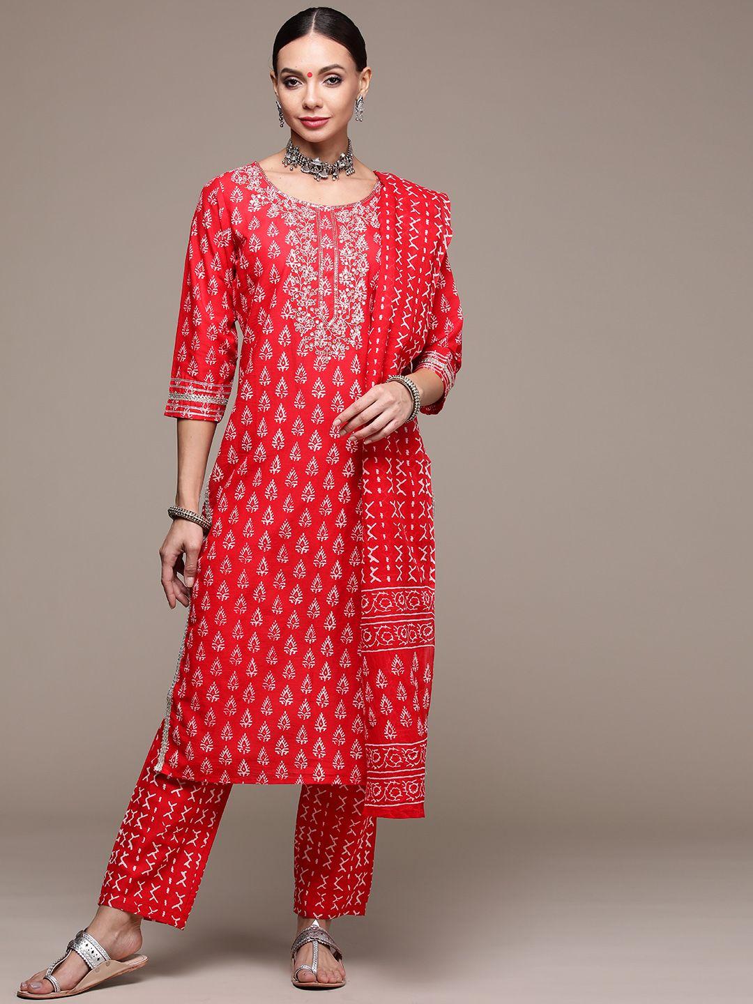 anubhutee women red printed pure cotton kurta with trousers & with dupatta