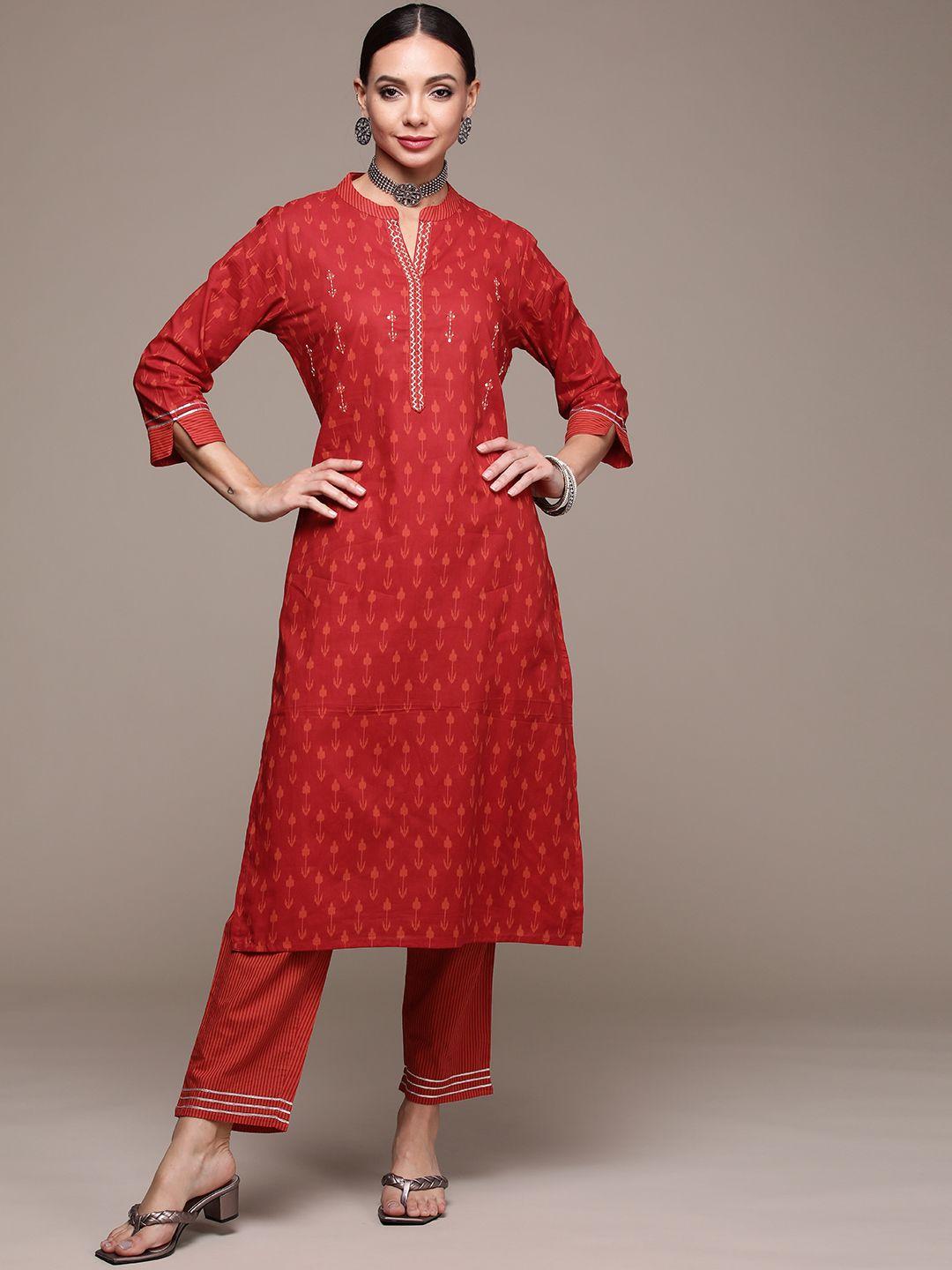 anubhutee women red printed pure cotton kurta with trousers