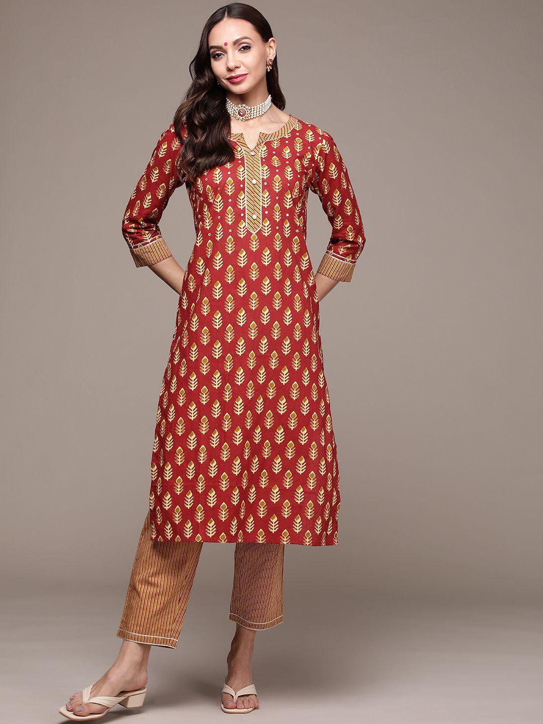 anubhutee women rust red printed pure cotton kurta with trousers