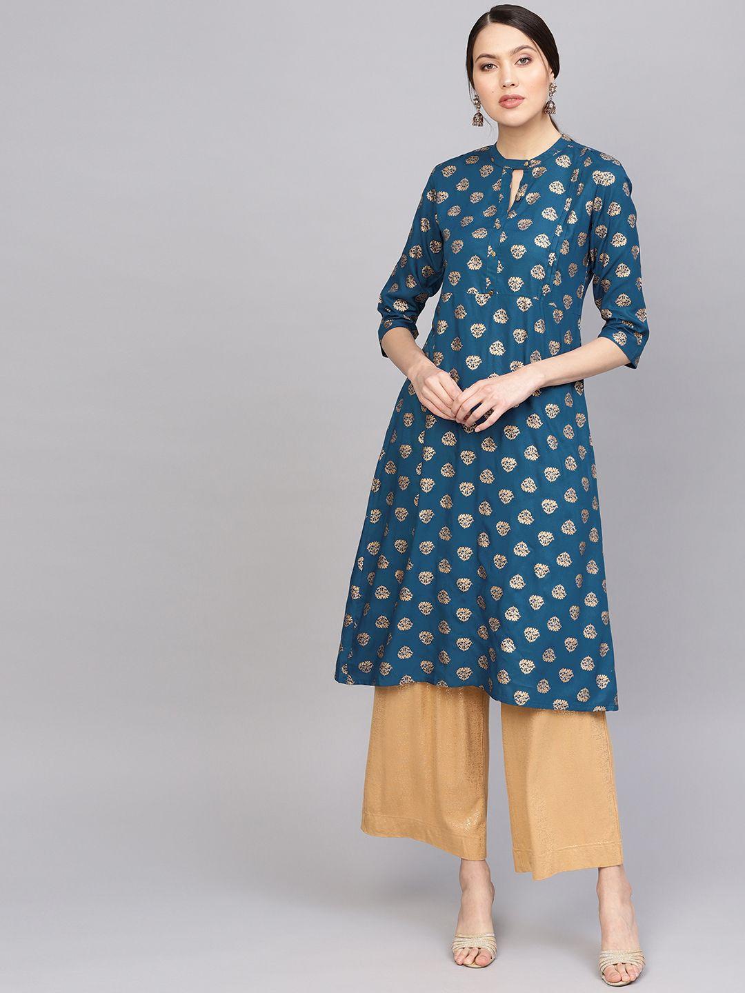 anubhutee women teal blue & golden printed a-line kurta